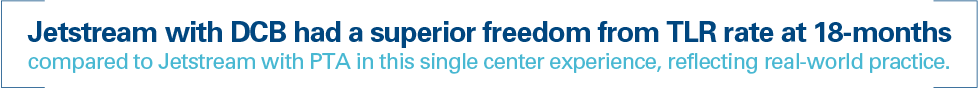 Jetstream with DCB had a superior freedom from TLR rate at 18-months compared to Jetstream with PTA in this single center experience, reflecting real-world practice.