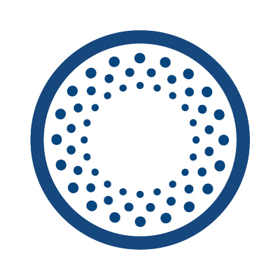 Blue outlined circle with various size dots icon.