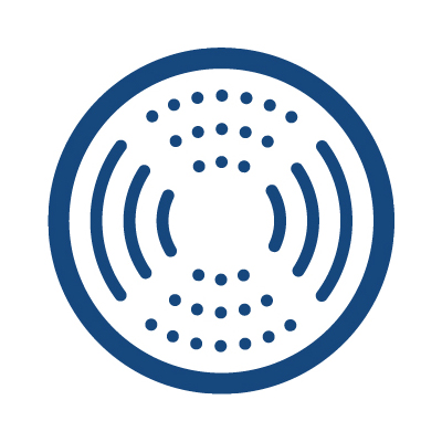 Blue outlined circle with small dots and lines icon.