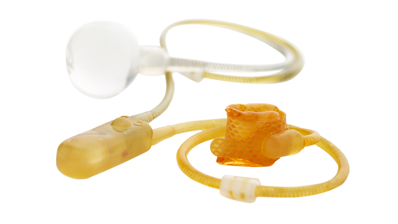 AMS 800 artificial urinary sphincter, showcasing the control pump and pressure-regulating balloon.