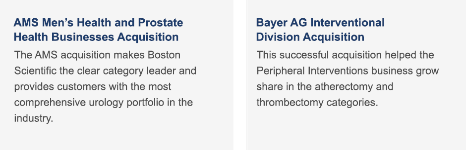 The AMS acquisition makes Boston Scientific the clear category leader and provides customers with the most comprehensive urology portfolio in the industry. | This successful acquisition helped the peripheral interventions business grow share in the atherectomy and thrombectomy categories.