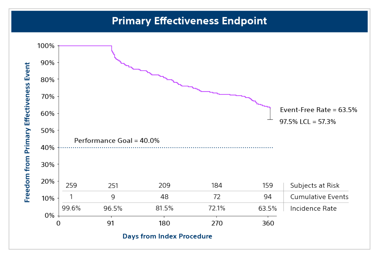 Composite efficacy endpoint table showing acute and 12-month chronic ablation success, including AF, AFL, AT, and treatment outcomes.