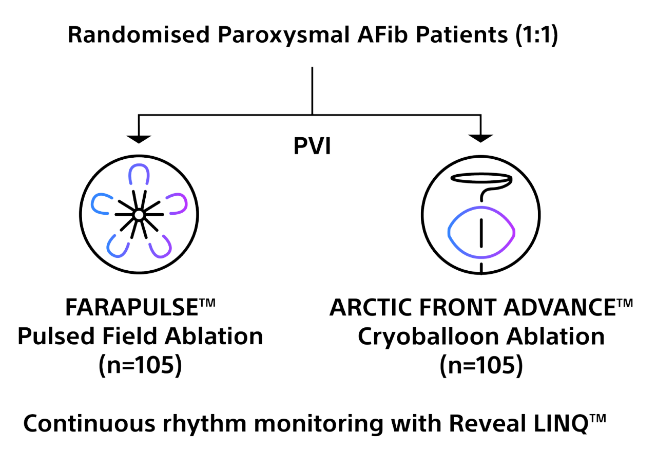 Diagram showing PVI at the center branching to FARAPULSE PFA and ARCTIC FRONT ADVANCE CBA ablation options.