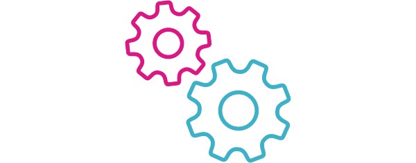 Icon of two interlocking cogs. 