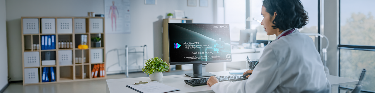 Banner that shows a physician accessing training resources for AGENT DCB on a computer. 