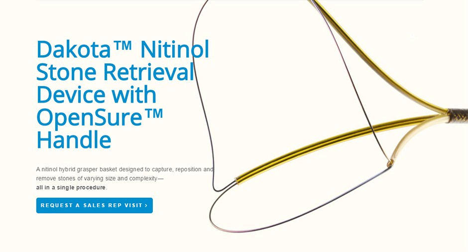 Dakota™ Nitinol Stone Retrieval Device with OpenSure™ Handle | A nitinol hybrid grasper basket designed to capture, reposition and remove stones of varying size and complexity—all in a single procedure. | >Request a sales rep visit.