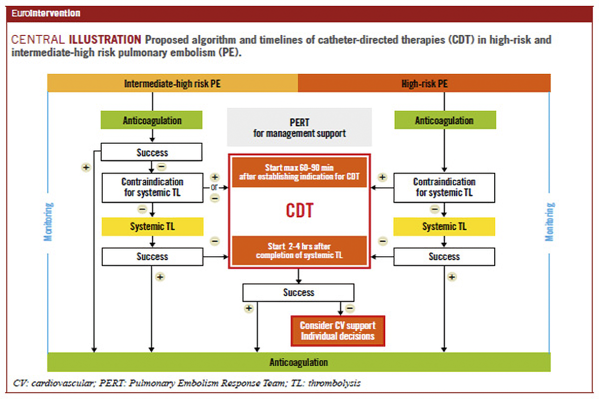 Proposd algorithm and timelines of CDT in high-risk and intermediate-high risk PE