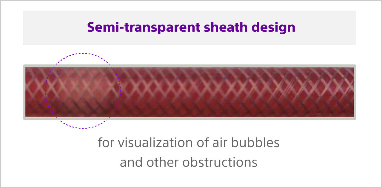 Semi-transparent sheath design enabling clear visualisation of air bubbles and obstructions during procedures.