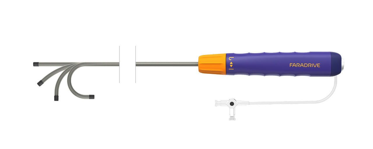 Steerable 13F FARADRIVE sheath guiding FARAWAVE catheters with VersaCross Connect for zero-exchange heart access.