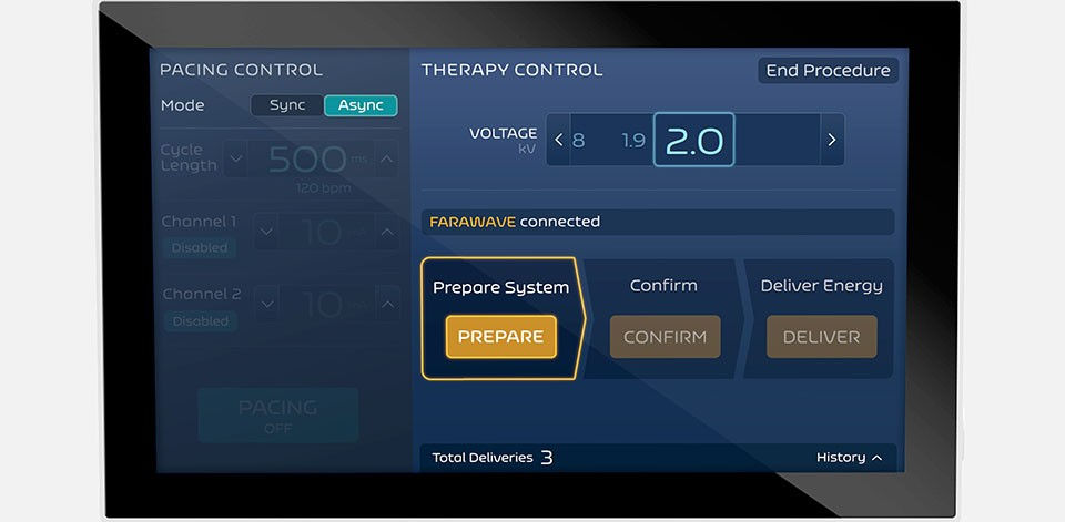 FARASTAR PFA Generator monitor displaying a simplified interface with the three-step pulsed-field ablation process.