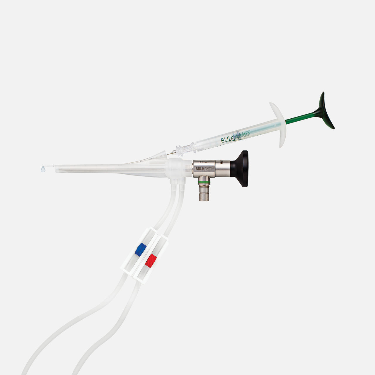Bulkamid urethral bulking system with syringe, catheter, and endoscopic delivery components for SUI treatment