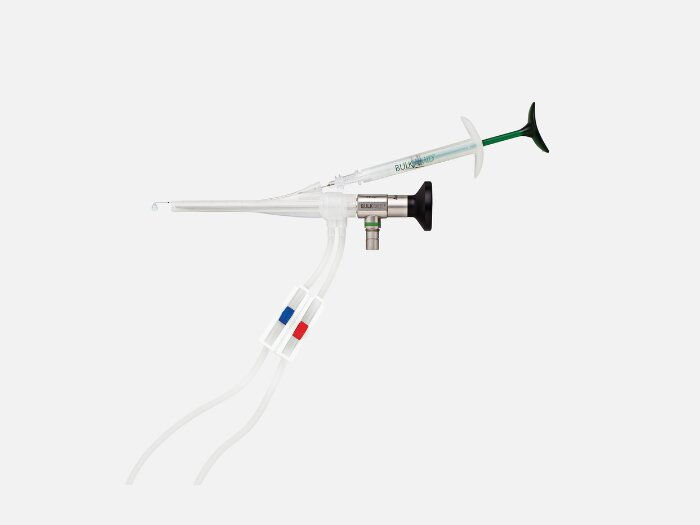 Bulkamid urethral bulking system with syringe, catheter, and endoscopic delivery components for SUI treatment