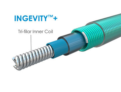 Close-up of INGEVITY+ lead showing tri-filar inner coil design for improved torque transmission