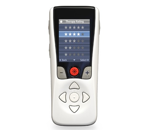 The Spectra WaveWriter SCS System remote control showing real-time patient therapy ratings.