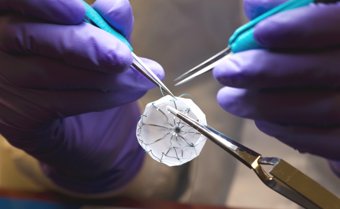 Two hands in nitrile gloves working with Boston Scientific WATCHMAN device.