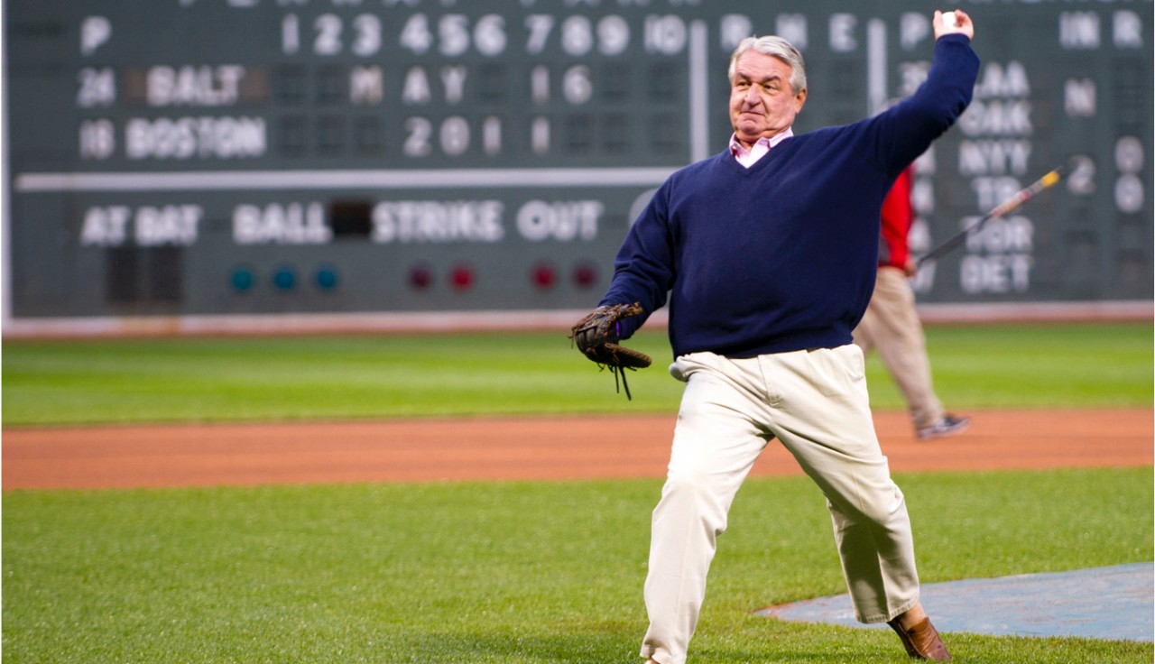 Pete Nicholas throwing at the first pitch at a Red Sox game