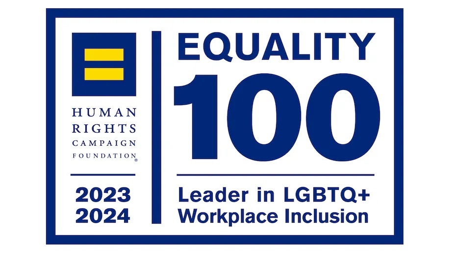 2023-2024 Human Rights Campaign badge showing an Equality 100 Award as a leader in LGBTQ+ workplace inclusion.