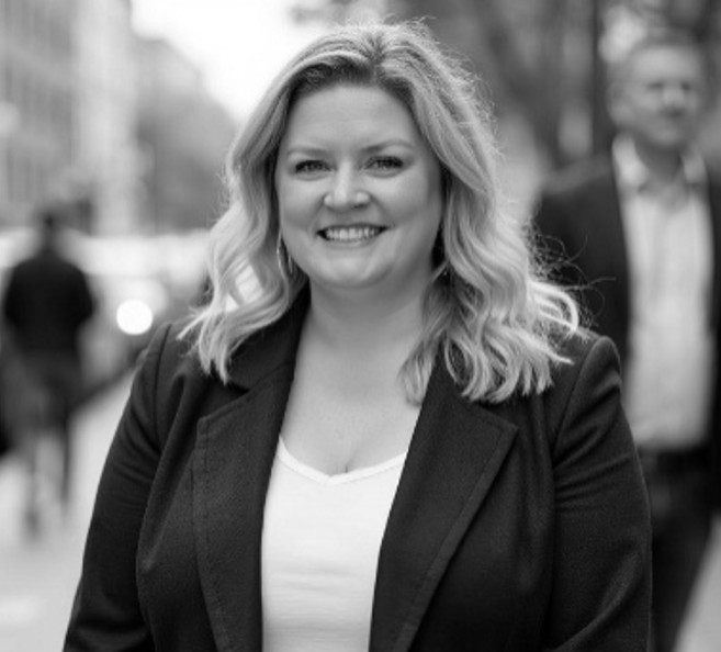 Black and white headshot of white women in black coat.