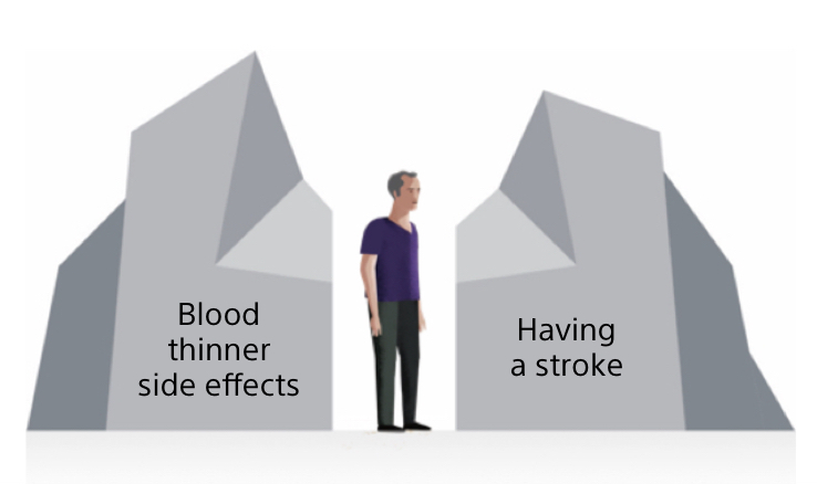 An illustration of a man between two large boulders that represent blood thinner side effects and having a stoke respectively. 