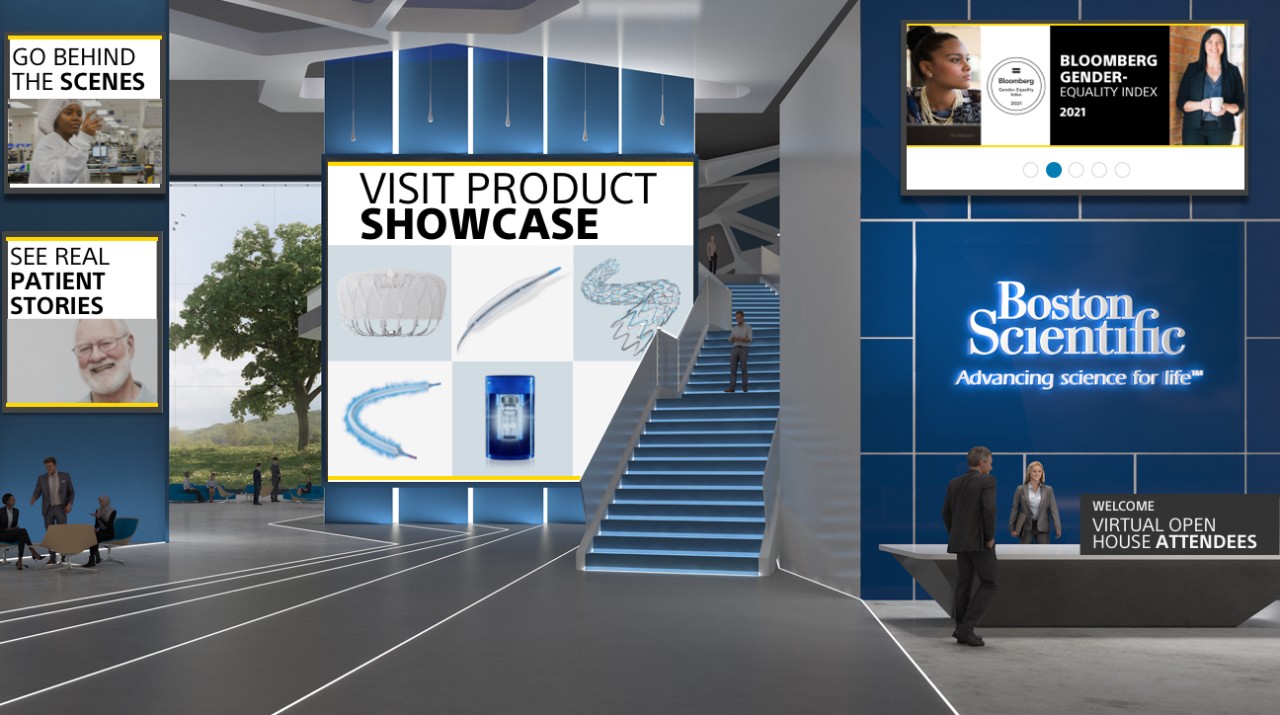 Boston Scientific virtual innovation center lobby with display of medical devices and words "Visit product showcase."