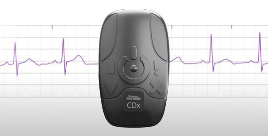 BodyGuardian Mini device in front of simplified purple S-ECG strip on light background 