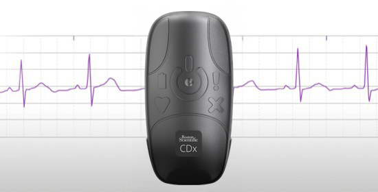 BodyGuardian Mini device in front of simplified purple S-ECG strip on light background 