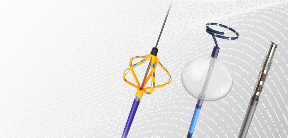 Ablation catheters (FARAPULSE, POLARx FIT, STABLEPOINT) on gradient gray background with stylized dot pattern  