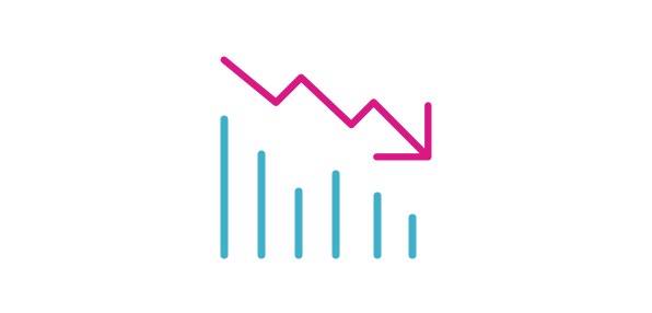 : Icon of a bar chart with decreasing values and an arrow pointing down.  