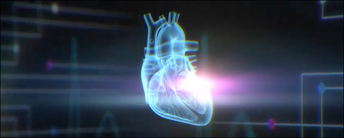 High-tech graphic of heart with light emanating from it.