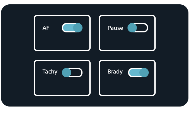 Screen with options for AF, Pause, Tachy, and Brady.