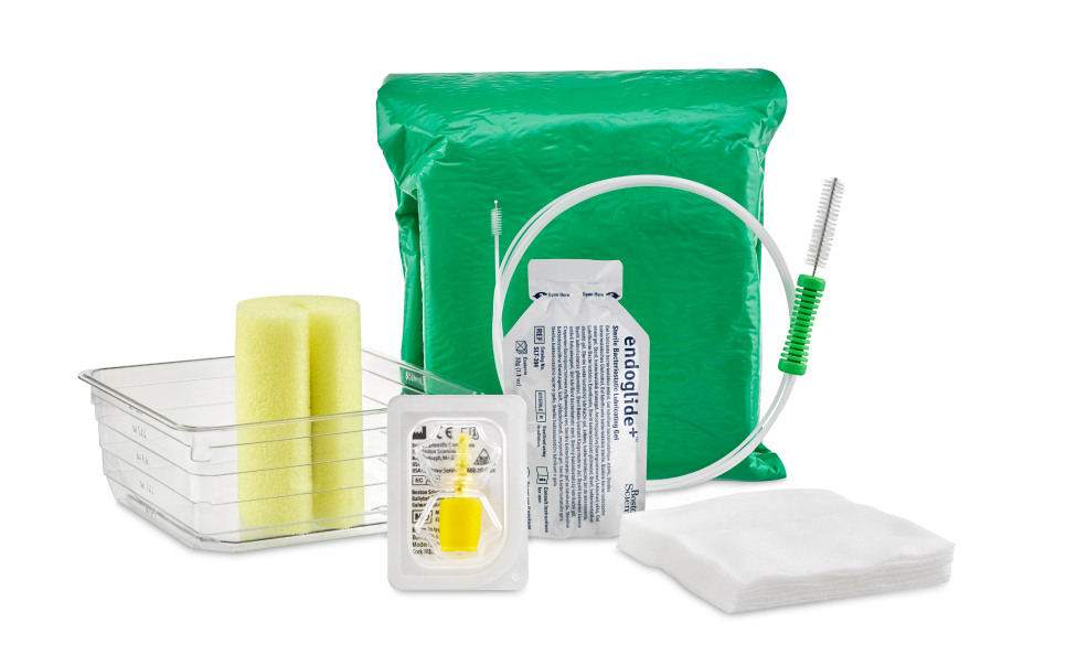 View of the infection prevention kit laid out with sponge, endoglide, brushes and other pieces showing 