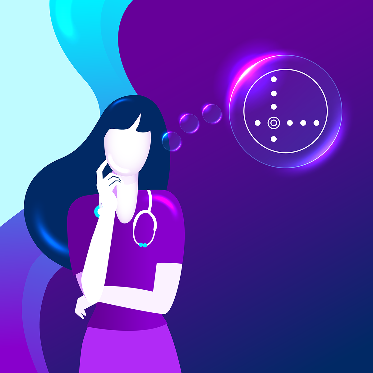 Illustrated image of healthcare provider with thought bubble thinking.