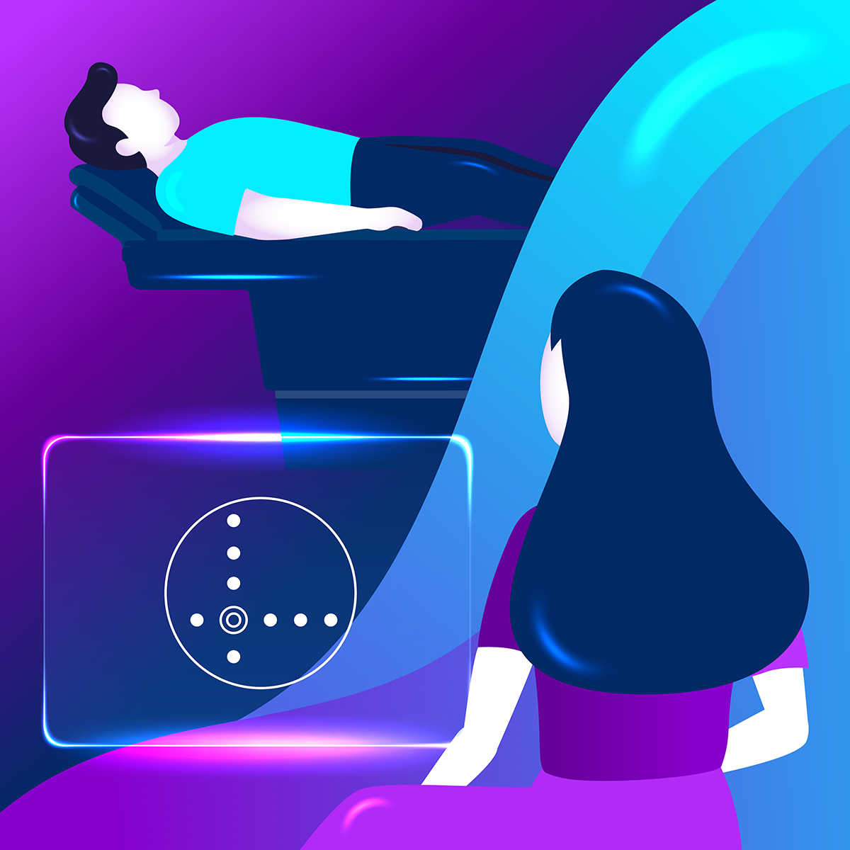 Illustrated image of healthcare provider viewing screen with patient laying on exam table in rear.