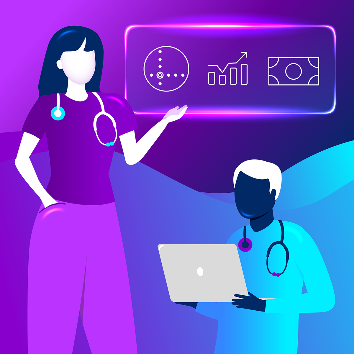 Illustrated image of healthcare provider pointing to data with second provider viewing laptop.