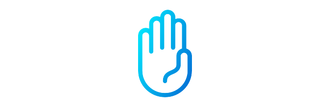 Blue icon of hand with palm outward.