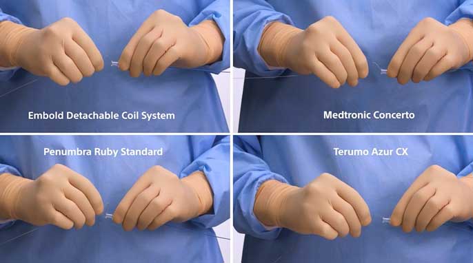 Video screengrab of gloved hands holding coils: Embold Fibered, Medtronic Concerto, Penumbra Ruby Standard, Terumo Azur CX.