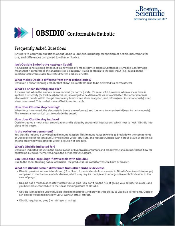  Obsidio Conformable Embolic frequently asked questions.