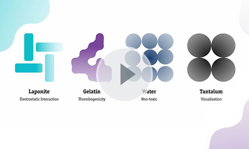 Laponite: Electrostatic Interaction, Gelatin: Thrombogenicity, Water: Non-toxic, Tantalum: Visualization.