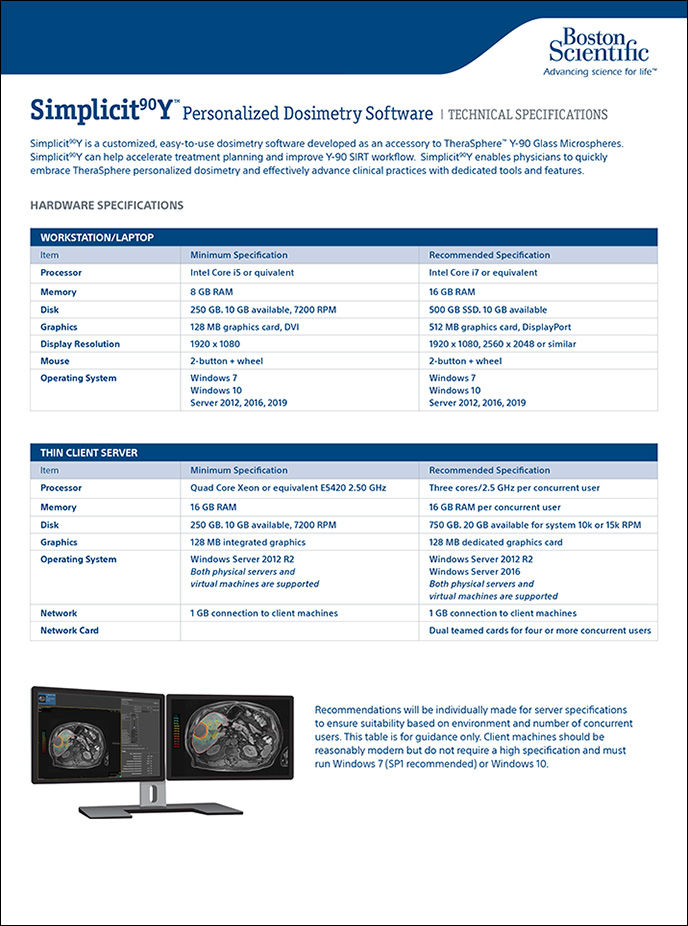 PDF Simplicit90Y Personalized Dosimetry Software technical spec sheet.