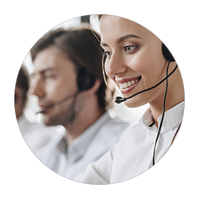 Call center representatives wearing headsets.