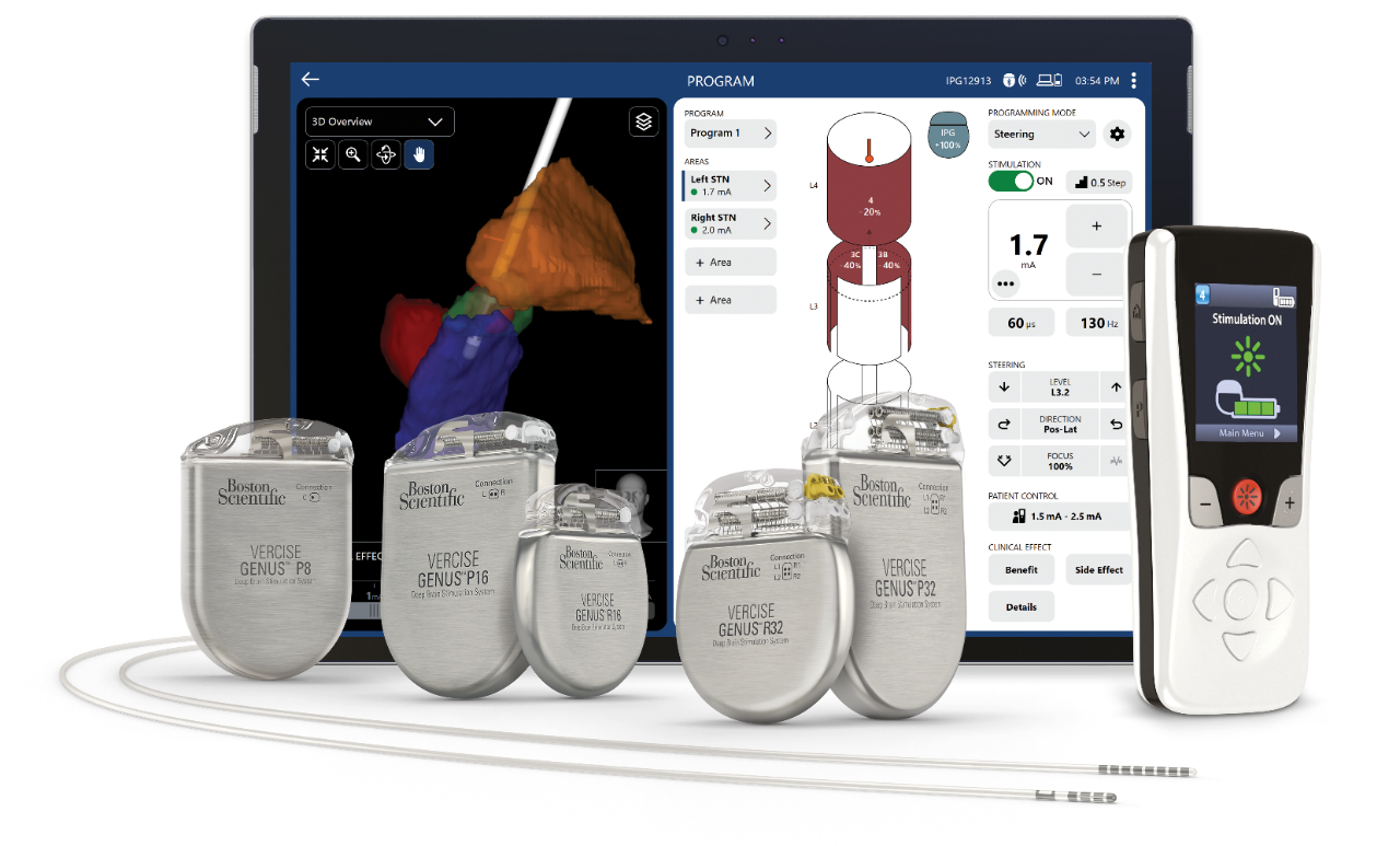 Boston Scientific's Deep Brain Stimulation system, including tablet with Vercise Neural Navigator 5 Software, five recharable and chargable IPGs, and wireless remote.