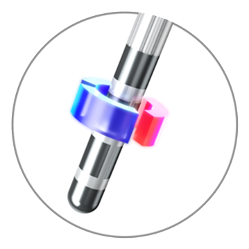 Graphic showing bipolar directional stimulation with a deep brain stimulation lead.