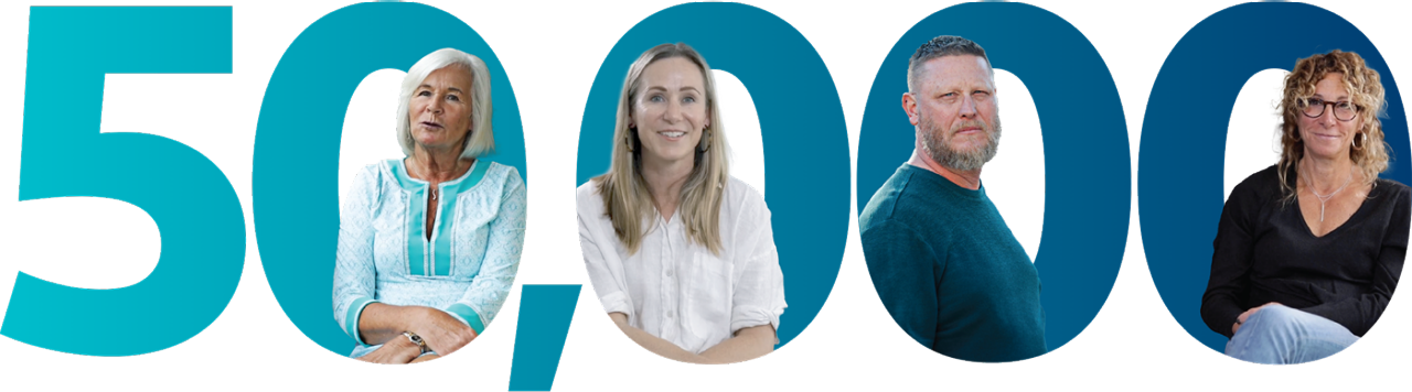 Number 50,000 with portraits of four smiling people inside digits.