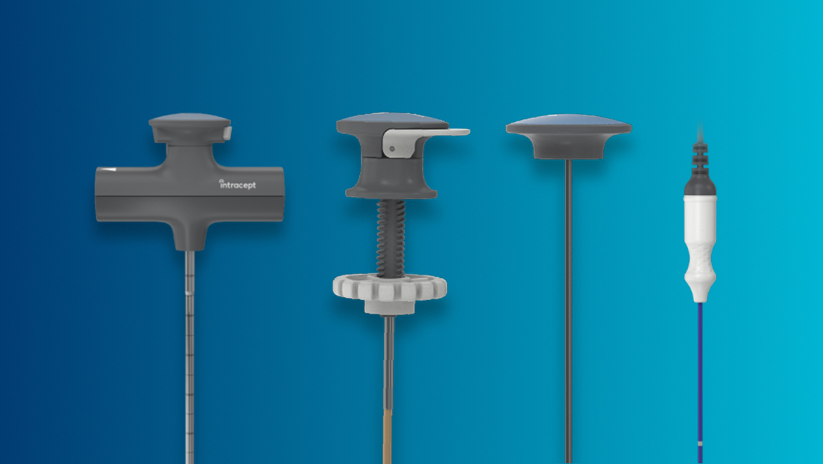 Four components of the Intracept system displayed on blue gradient background.