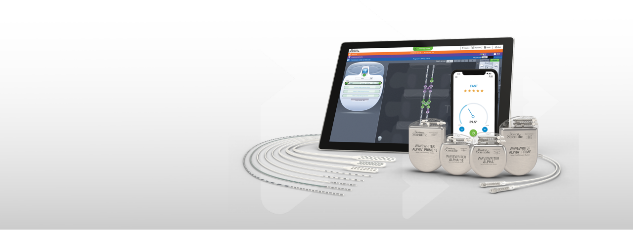 WaveWriter alpha scs system including: p16, r16, p32, r32 ipgs; leads; controller software on tablet; mySCS GO patient controller on phone; M8 and S8 adapters.