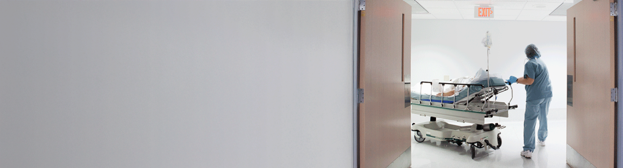 Healthcare professional transporting a patient in a hospital bed.