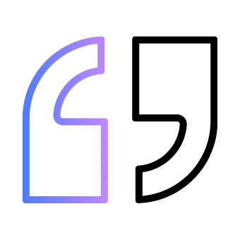 Stylized quotation mark graphic with a gradient purple outline on the left and a bold black outline on the right.