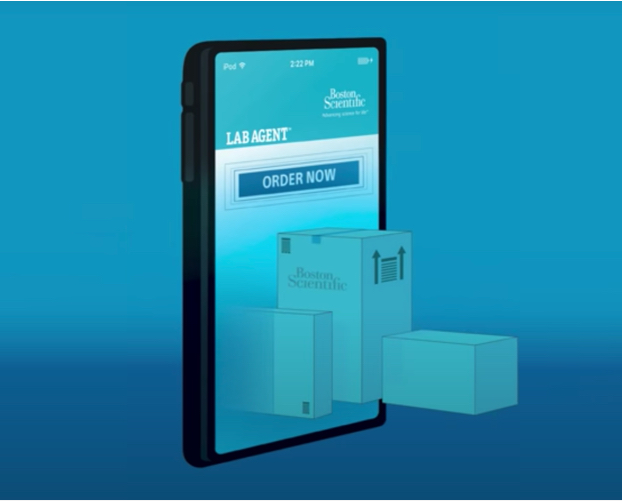 Illustration of mobile phone showing Lab Agent order now screen with shipping boxes.
