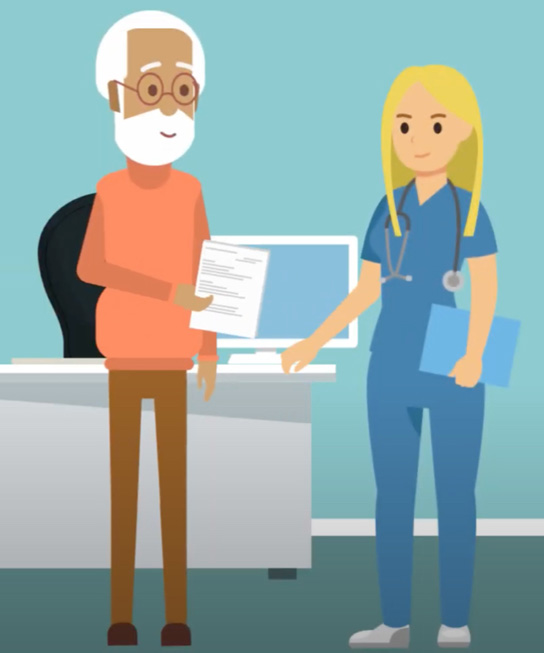 Animated doctor and patient checking out of a doctor’s office