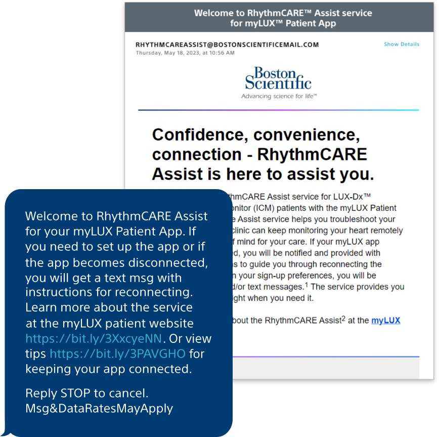 sample post-procedure email and text message from RhythmCARE Assist for app set up